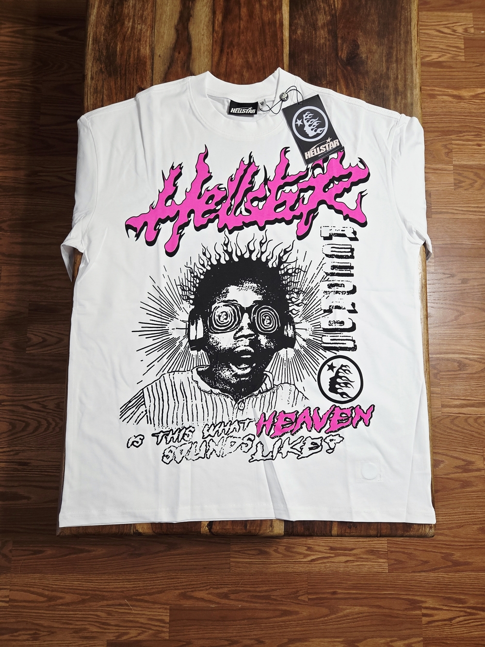 Hellstar Men's "Heaven Is What We Sound Like" White Graphic Tee. Size Large